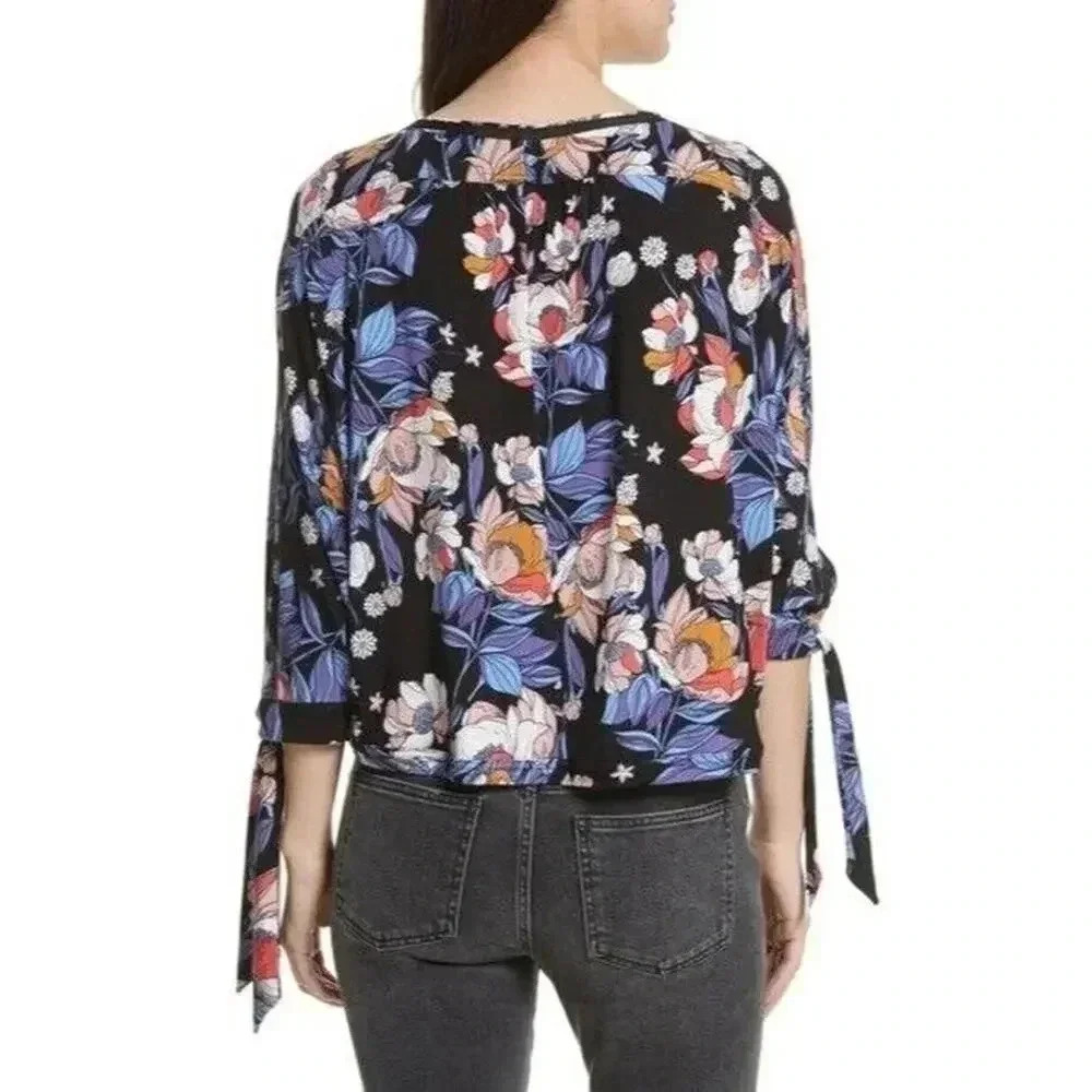 Free People Keepin On Top shirt sz SMALL Floral Cropped Tie front Sleeves - Picture 2 of 7